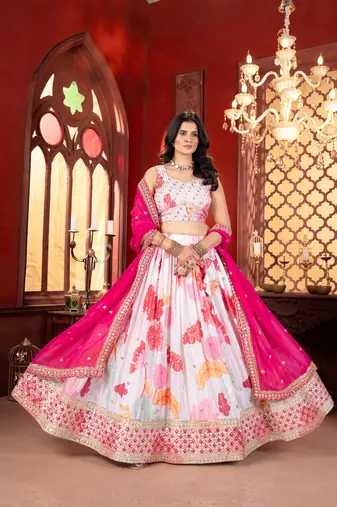 White Floral Chinon Silk Lehenga Choli with Pink Dupatta