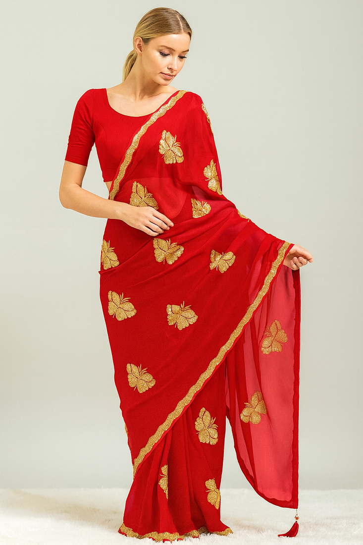 Designer Blooming Georgette Saree with All-Over Sequins Work & Peacock–Butterfly Butta | Premium Collection