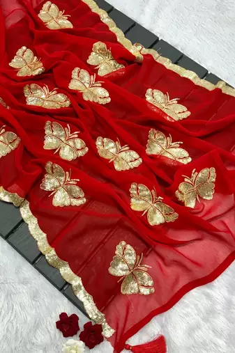  Blooming Georgette Saree with All-Over Sequins Work & Peacock Butterfly Butta | Premium Collection