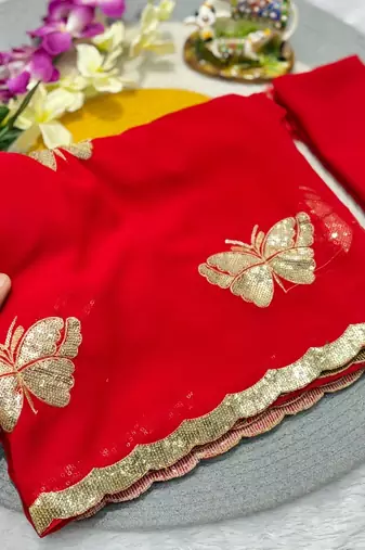  Blooming Georgette Saree with All-Over Sequins Work & Peacock Butterfly Butta | Premium Collection