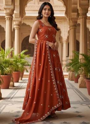 Dark orange kesariya silk  embroidery zari sequins-work suit set 1