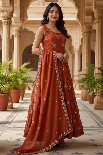 Dark orange kesariya silk  embroidery zari sequins-work suit set