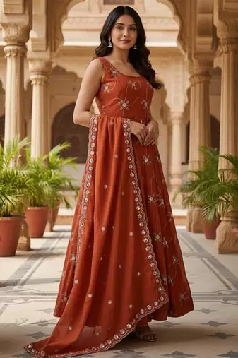 Dark orange kesariya silk  embroidery zari sequins-work suit set