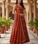 Dark orange kesariya silk  embroidery zari sequins-work suit set