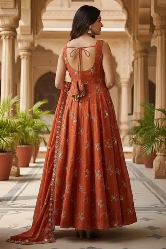 Dark orange kesariya silk  embroidery zari sequins-work suit set