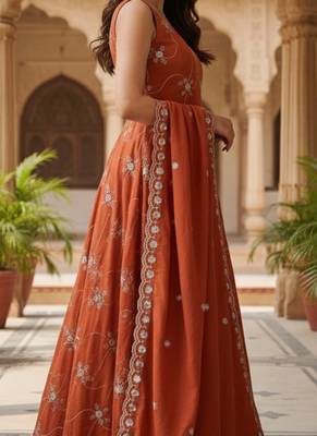 Dark orange kesariya silk  embroidery zari sequins-work suit set 4