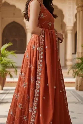 Dark orange kesariya silk  embroidery zari sequins-work suit set