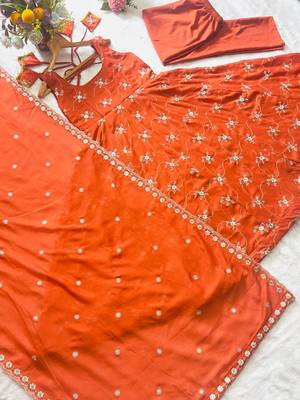 Dark orange kesariya silk  embroidery zari sequins-work suit set 5