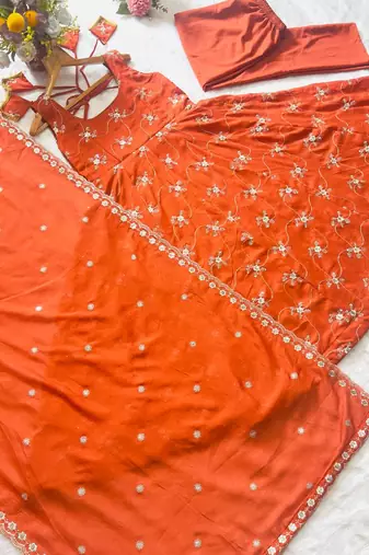Dark orange kesariya silk  embroidery zari sequins-work suit set