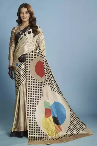 Designer Malai Crepe Saree with Elegant Drape & Abstract Print | Luxury Collection