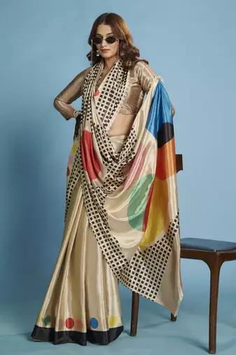  Malai Crepe Saree with Elegant Drape & Abstract Print | Luxury Collection