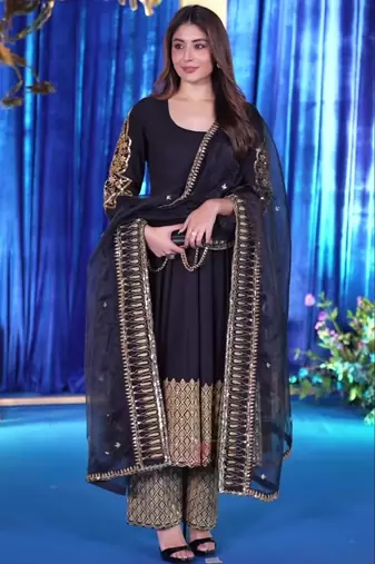 Black blooming georgette  embroidery zari sequins-work suit set
