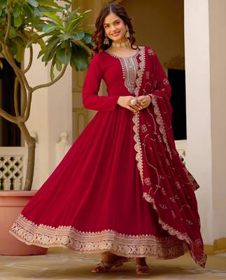 Maroon faux georgette rich sequins embroidery flared gown with heavy dupatta 1