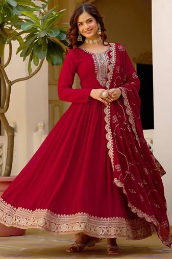 Maroon faux georgette rich sequins embroidery flared gown with heavy dupatta
