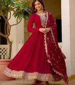 Maroon faux georgette rich sequins embroidery flared gown with heavy dupatta