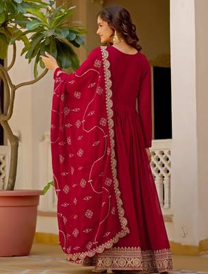 Maroon faux georgette rich sequins embroidery flared gown with heavy dupatta 2
