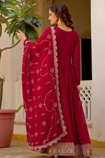 Maroon faux georgette rich sequins embroidery flared gown with heavy dupatta