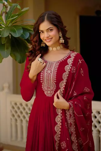 Maroon faux georgette rich sequins embroidery flared gown with heavy dupatta
