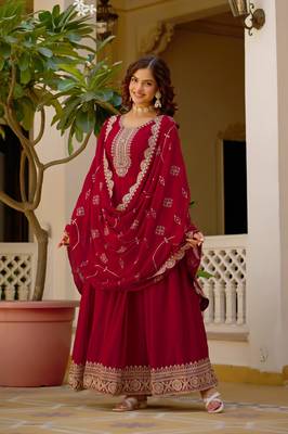 Maroon faux georgette rich sequins embroidery flared gown with heavy dupatta 4