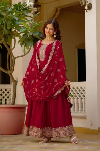 Maroon faux georgette rich sequins embroidery flared gown with heavy dupatta