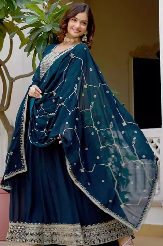 Rama faux georgette rich sequins embroidery flared gown with heavy dupatta