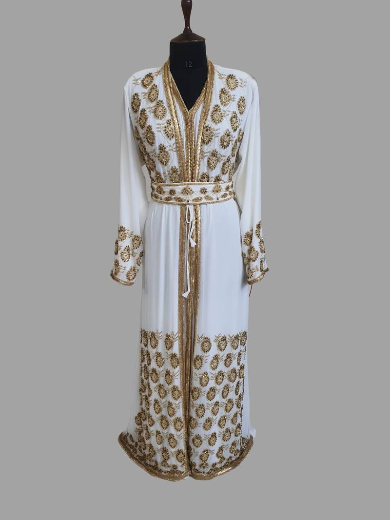 Off-White color luxurious Handmade Moroccan Two Piece  Kaftan with hijjab