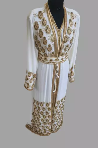 Off-White color Handmade Moroccan Two Piece  Kaftan with hijjab