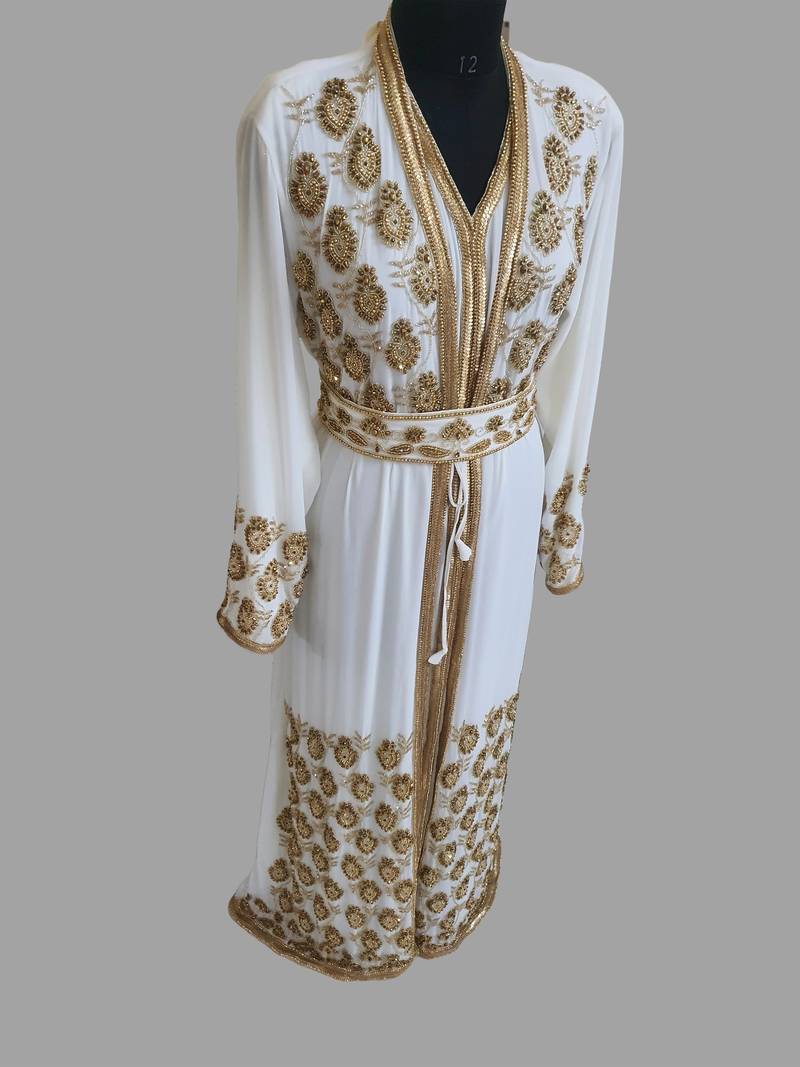 Off-White color luxurious Handmade Moroccan Two Piece  Kaftan with hijjab