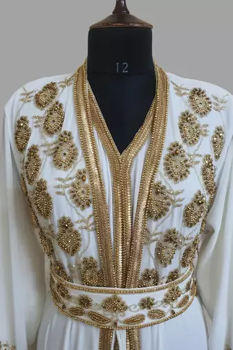 Off-White color Handmade Moroccan Two Piece  Kaftan with hijjab