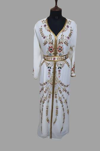 Off-White color luxurious Handmade Moroccan Kaftan with hijjab