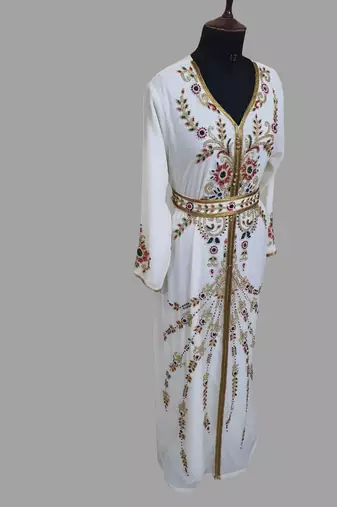 Off-White color Handmade Moroccan Kaftan with hijjab