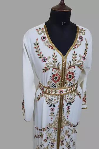 Off-White color Handmade Moroccan Kaftan with hijjab