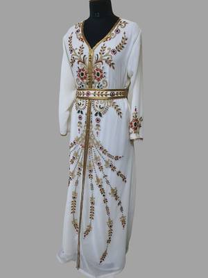 Off-White color Handmade Moroccan Kaftan with hijjab 5
