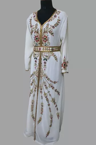 Off-White color Handmade Moroccan Kaftan with hijjab
