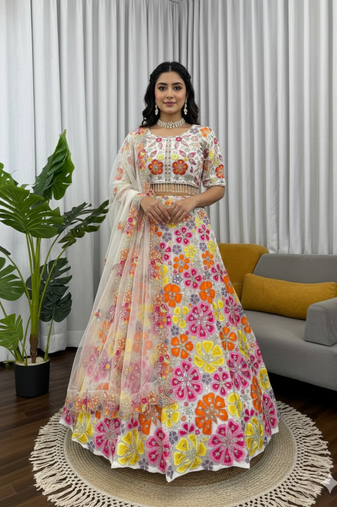 Heavy Boutique White Floral Georgette Lehenga Choli