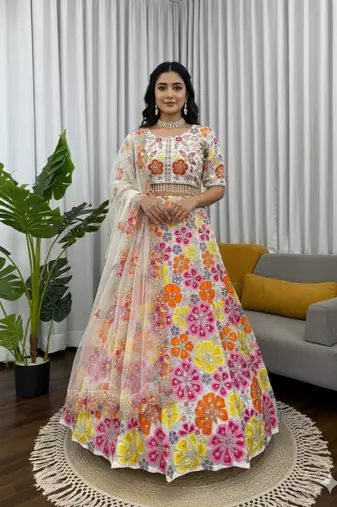 Heavy Boutique White Floral Georgette Lehenga Choli