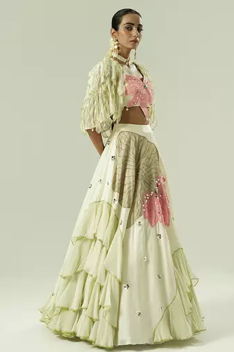 ivory embroidered georgette lehenga set