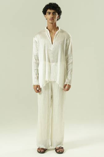 Ivory plain silk kurta pajama