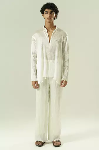 Ivory plain silk kurta pajama