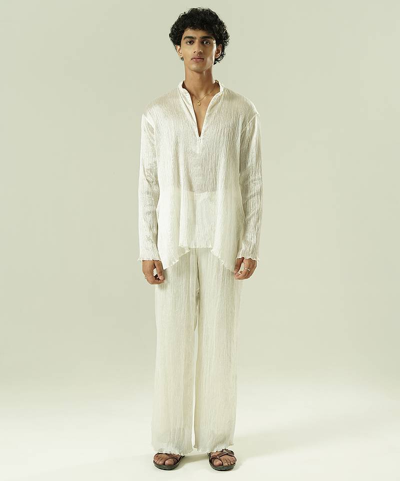 Ivory plain silk kurta pajama