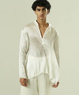 Ivory plain silk kurta pajama 4