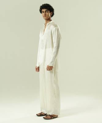 Ivory plain silk kurta pajama 5