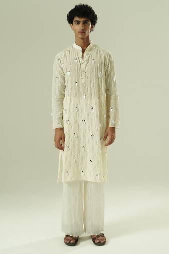 Ivory embroidered silk kurta pajama