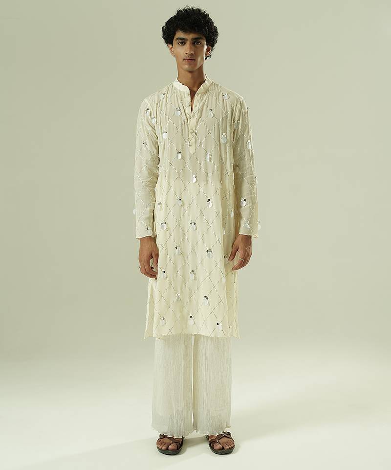 Ivory embroidered silk kurta pajama