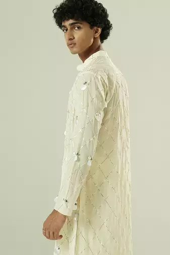 Ivory embroidered silk kurta pajama