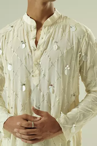 Ivory embroidered silk kurta pajama