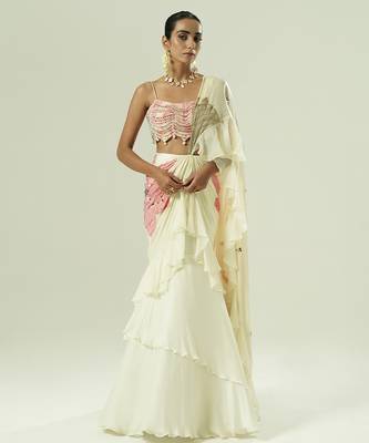 Ivory embroidered georgette saree 1