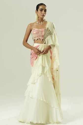 Ivory embroidered georgette saree