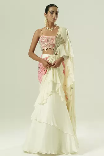 Ivory embroidered georgette saree