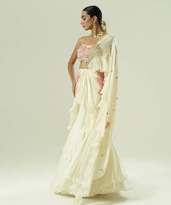 Ivory embroidered georgette saree 2